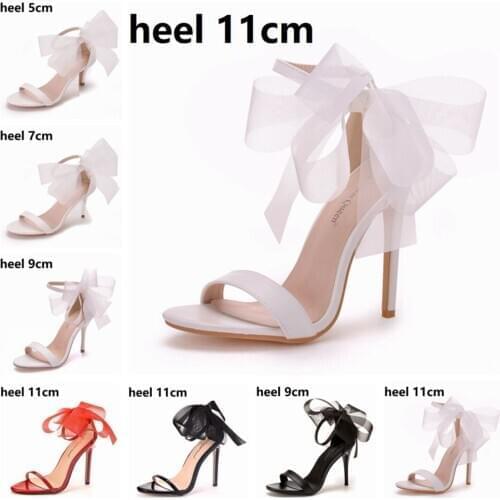 Crystal Queen Shoes Woman Sweet Bow Knot Elegant Ankle Strap Party Sandals Black Thin High Heels White Wedding Shoes Open Toe