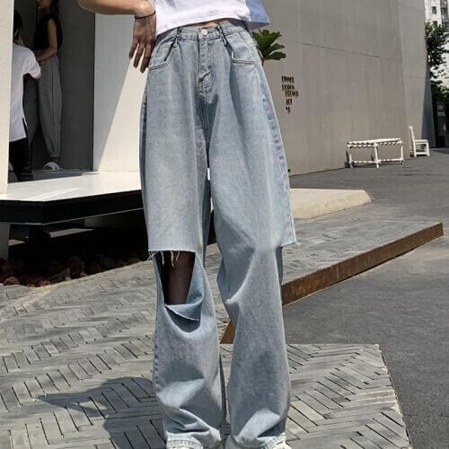 High Waist Jeans Women Full Length Wide Leg Trousers Hip-hop cotton Loose Retro Chic Hole Cool Girls Womens Denim pants New