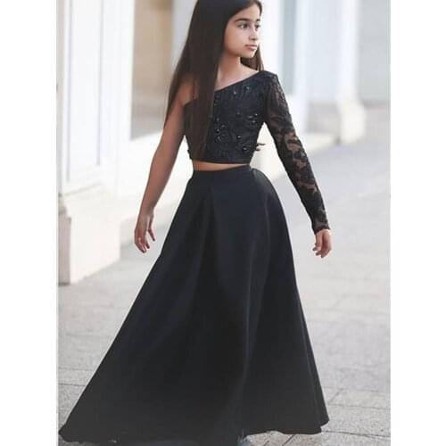 Elegant Black Flower Girl Dresses Jewel Long Sleeve For Oblique collar Formal Birthday Party First Holy Communion Pageant Dress