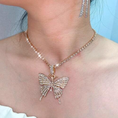 European and American fashion Crystal Rhinestone Pendant Necklace personality sexy shiny butterfly tennis Chain Necklace