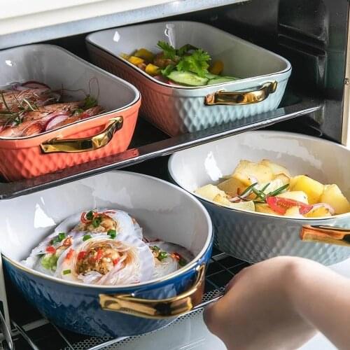 MDZF SWEETHOME Golden Side Baking Tray Rectangle Oval Ceramic Glaze Baking Pan Barbecue Salad Plate Oven Kitchen Bableware