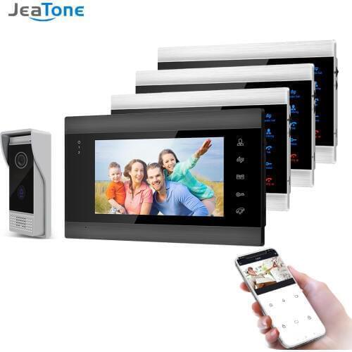 Jeatone 7 Inch Wireless Wifi Smart IP Video Door Phone Intercom System with 4 Night Vision Monitor + 1 Rainproof Doorbell Camera