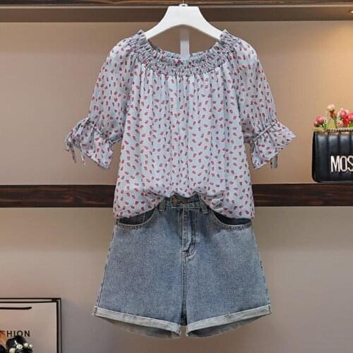 Summer Two Piece Set Women Fashion Chiffon Print Shirt Top + Jeans Shorts Elastic Waist Shorts Set Two Pieces Suit clothing big