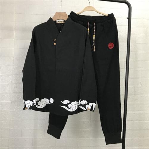 Chinese style spring and autumn Tang Mens long sleeve improved Hanfu two piece cotton embroidery set