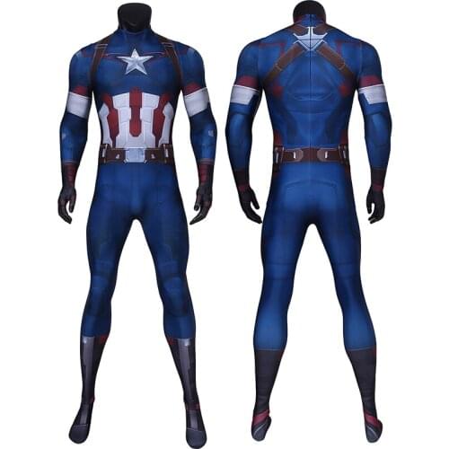 Adult Superhero Age of Ultron Captain Steven Rogers Battle Jumpsuit Cosplay Costume Fancy Halloween Masquerade Print Bodysuit