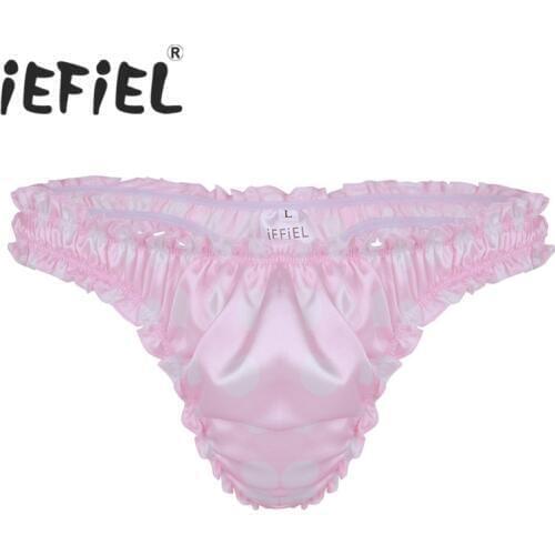 IEFiEL Fashion Sexy Mens Lingerie Soft Satin Polka Dot Ruffled High Cut Low Rise Bikini Sissy Briefs Thong Underwear Panties