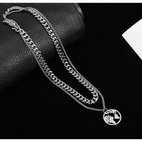 Fashion world map layered pendant necklaces for women stainless steel necklace hip hop jewelry drop shipping