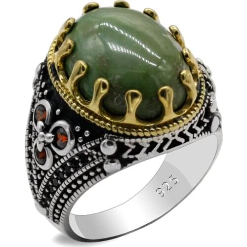 925 Sterling Silver Men Rings Oval Turquoise Stone & Red Zircon Ring for Men Vintage Antique Silver Turkish Fashion Jewelry Gift