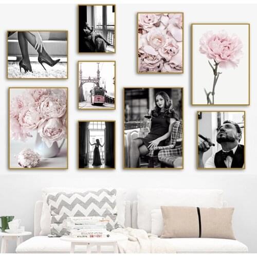 Pink Flower Rose Peony Bridge Bus Sexy Girl Man Wall Art Canvas Painting Nordic Posters And Prints Wall Pictures For Living Room