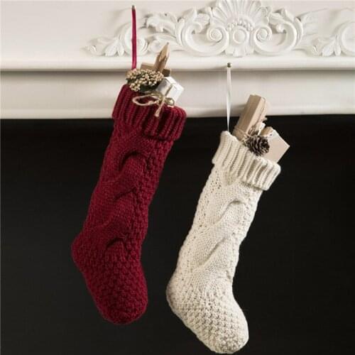 Sock Christmas Knitted Stockings Decor Festival Gift Bag Fireplace Xmas Tree Hanging Ornaments Decor Red White Christmas Sock