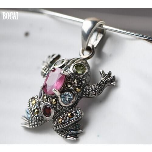 BOCAI New real pure S925 silver woman pendant retro craftsmanship inlaid with crystals exquisite frog necklace pendant