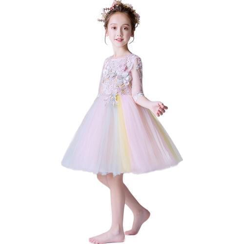 New Arrival Flower Girls Dress Kids 3D Flower Applique Bodice Rainbow Tulle Party Wedding Dress Formal Girls Clothing