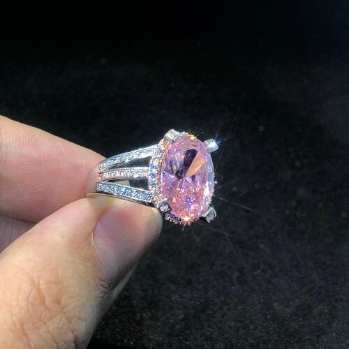 Luxury Romantic Rings For Women Big Shiny Pink Crystal Wedding Engagement Female Womens Ring Double Color Plated Jewelry YG075