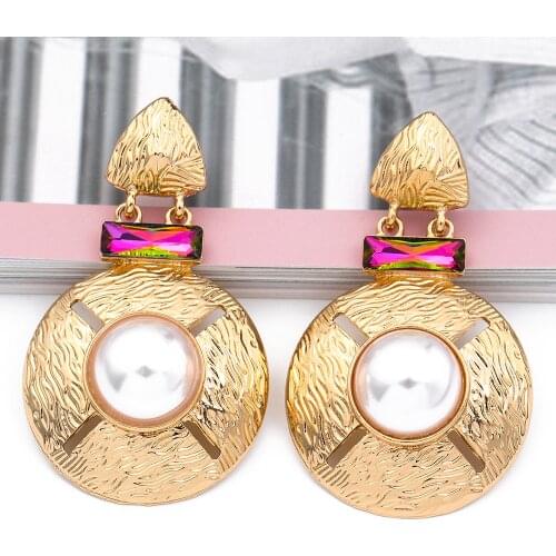 New Round Gold Metal Pearl Crystal Earrings Long Statement Luxury Drop Ear Ring Fashion Jewelry Accessories For Women Wholesale