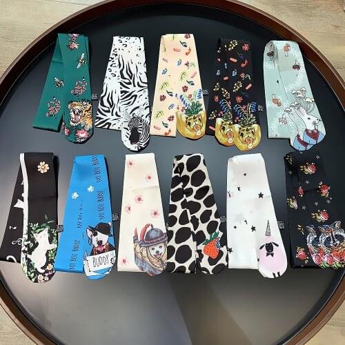 Colors Cartoon Animal Skinny BagSilk Scarf Women Luxury Brand Foulard Women Tie Fashion Head Scarves For Ladies chustka na glowe