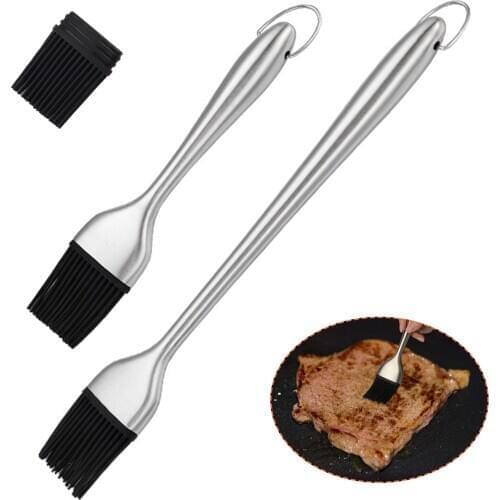 BBQ Oil Brush Silicon Basting Head Stainless Steel Handle Grill Barbecue Cooking Food safe Sauce Brush Removable Kitchen Gadget