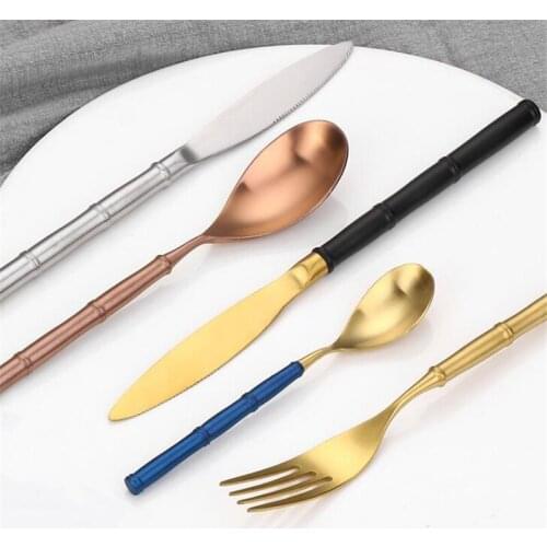 Bamboo Handle Western Cutlery Steak Knife Soup Spoon Dessert Spoons 304 Stainless Steel Western Kitchen Tableware