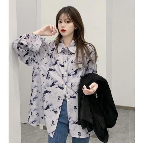 Tie Dye Vintage Long Sleeve Blouses Shirts Women Korean Style Loose Shirt Ladies Top Button Up Collar Shirt