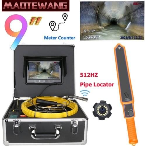 9" Monitor Sewer Pipe Inspection Video Camera with Meter Counter 512HZ Pipe Locator 22MM IP68 HD 1000TVL Camera 12PCS LED Lights