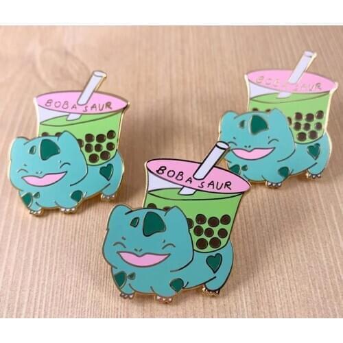 Funny Bubble Tea Saur Enamel Lapel Pin