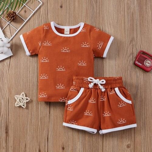 Sun Print Two Piece Baby Boy Clothes Sets Summer Short Sleeve O-neck T-shirt Drawstring Short Pants Outfits for Kids Children