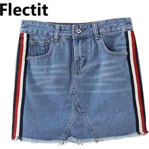 Flectit Spring Summer Women Side Striped Denim Mini Skirt Vintage Frayed Hem Tassel Pocket High Waist Moto Jeans Skirt