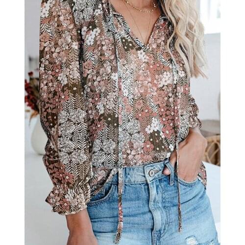 Women Spring Summer Boho Style Chiffon Blouses Shirt Elegant Lace Up Sexy V-Neck Floral Print Long Sleeve Casual Tops Wholesale