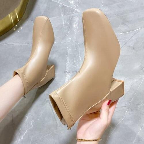 Women Square Toe High Heels Ankle Boots for Women Fashion Back Zipper Pu Leather Botas Mujer Solid Color Autumn Winter Boots