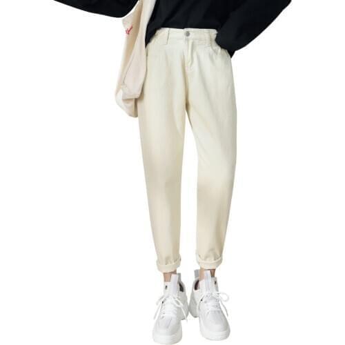 Womens High-waisted Loose White Jeans Mom 2020 Spring Straight Leg Jeans Black Begie Denim trousers women