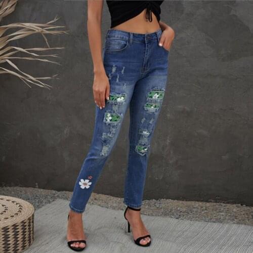 Women Vintage High Waist Leopard Patchwork Jeans Female Steetwear Elastic Slim Ripped Denim Trousers Pants Woman Hole Ladies