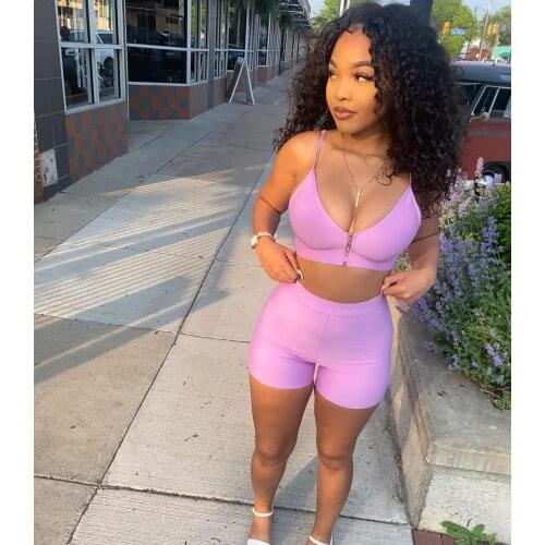 Sexy Zipper Sportswear Shorts Tracksuit Women Casual Streetwear Sling V Neck Crop Top + Biker Shorts Slim Two Piece Set Outfits