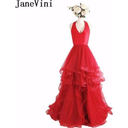JaneVini Red Long Bridesmaid Dresses for Women Sexy Halter Backless Woman Wedding Guest Party Gown Tiered Tulle Formal Wear 2020