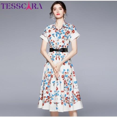 TESSCARA Women Summer Elegant Floral Dress Shirt Female High Quality Long Office Lady Party Robe Femme Designer Casual Vestidos