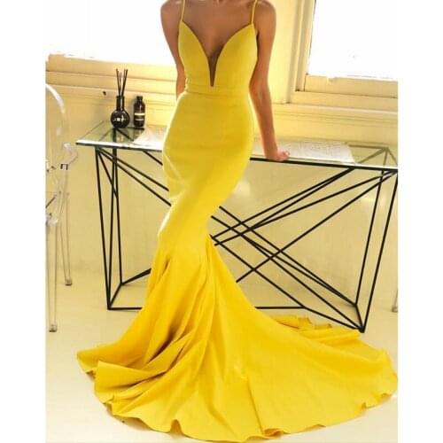 Yellow Mermaid Train Evening Dress 2021 Female Banquet Dinner Dignified Elegant Sexy Fishtail Slim Spaghetti Strap Dress A160