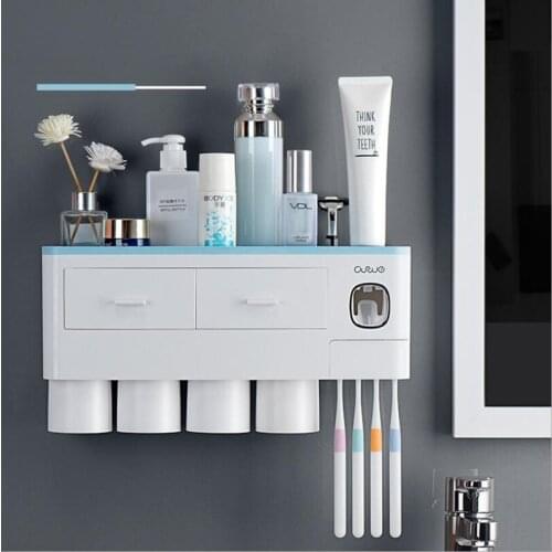 Toothbrush Holder Set Automatic Toothpaste Dispenser Squeezer Mount Multi-Functional Organizer Cup 4 Brush Slots brush holder