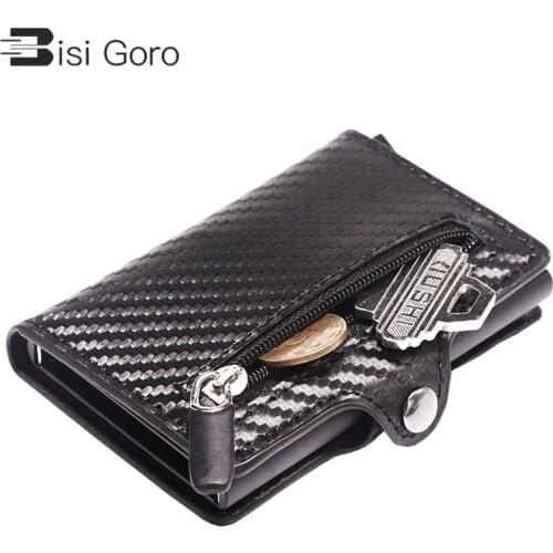 Bisi Goro Top Quality Carbon Fiber Anti RFID Credit Card Holder Business Men Button Wallet Male Coin Purse ID Holder With Zipper