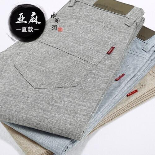 Mens casual pants fitness straight linen cotton blends long trousers large plus size 2019 spring summer dads business slacks