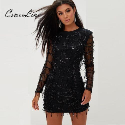 Black Mesh Tassels Sequin Dress Women Autumn Long Sleeve O-neck Party Night Club Mini Dress Patchwork Sexy Short Bodycon Dresses
