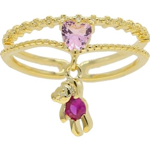 Double Row Cute Lovely Girl Women Finger Jewelry Gold Color Pink Heart CZ Tiny Lovely Animal Charm Ring