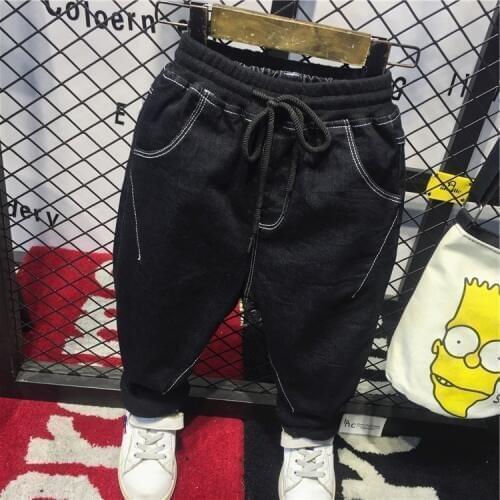 New Spring&Fall Boys Denim Jeans Kids Pants Casual Trousers Children Clothes Warm Elastic Waist Draw String 2-6years