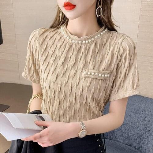 New Beaded Folds T Shirt Women Harajuku Vogue Tshirt Short Sleeve Streetwear Ladies Lace Summer Female T-shirt women clothes