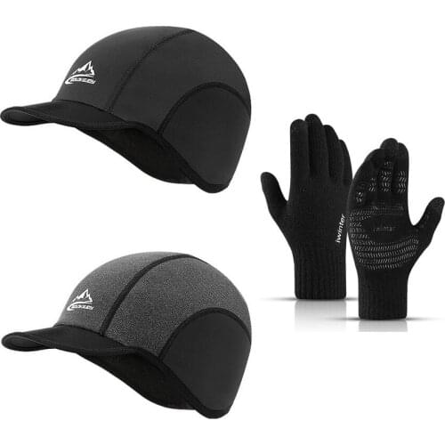 GOLOVEJOY Cycling Fleece Hats Winter Warm Head Hat Windproof Skiing Bicycle Cap Men Hats Gloves Touch Screen