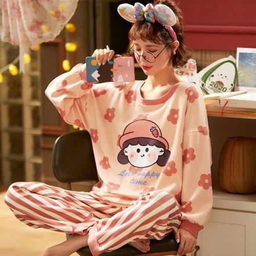Chicnymph Cotton Pajamas Women Pyjamas Suit Cute Sweet Cartoon Print Pijamas Long Sleeve Sleepwear Spring Two-piece Set Homewear