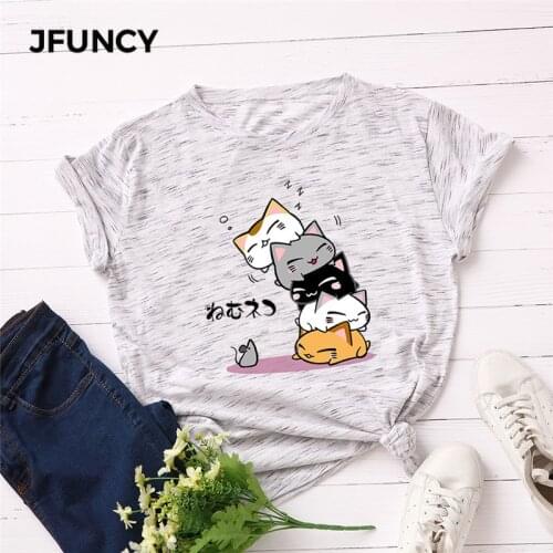 JFUNCY Plus Size S-5XL New Lovely Cat Letter Print Tshirt Women 100% Cotton Short Sleeve Summer T-Shirt Tops Casual Tshirt