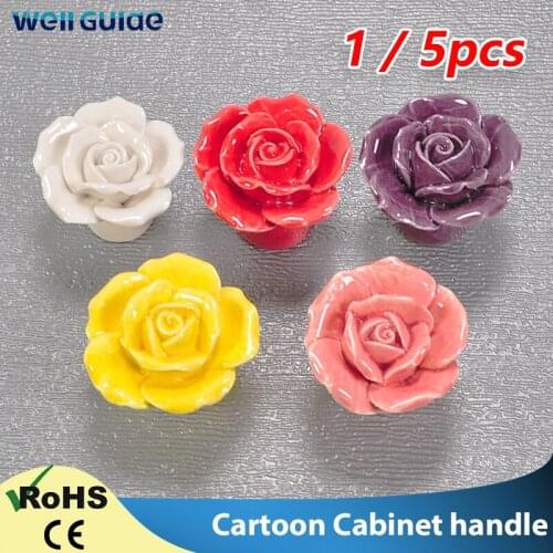 1/5Pcs Rose Cartoon Children Room Ceramic Cabinet Knobs Moon Star Wardrobe Handle Garden Door Handle Cabinet Handles for Kids