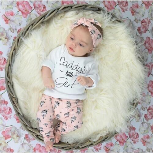 Baby Girl Clothes Set Infant Newborn 3Pcs Long Sleeve Daddys Little Girl T-shirt Tops Cartoon Pants Headband Toddler Clothing
