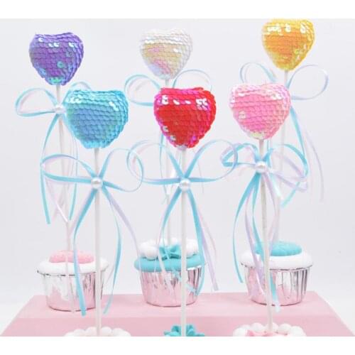5pc/Lot Round Heart Shape Wishing Stick Princess Birthday Sequins Cupcake Toppers Party Supplies Dessert Table Decorations