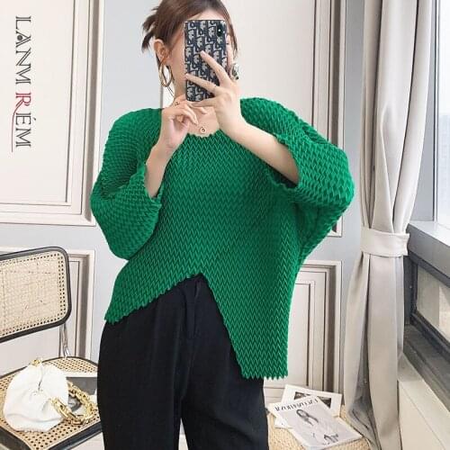 LANMREM 2021 Summer Irregular T-shirt For Women Lagre Size Loose Casual Round Neck Shirts Female Elegant Outwear Top 2D7034