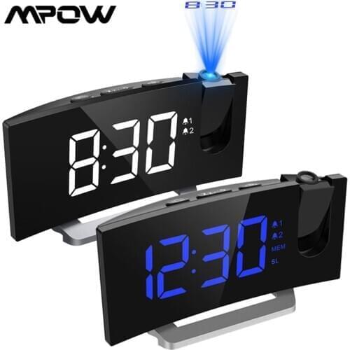 MPOW LED FM Projection 2 Alarms Clock Multifunctional 5-inch Curved Screen 5 Levels Display Brightness 4 Adjustable Alarm Sounds