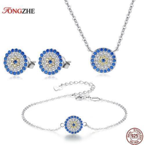 TONGZHE 925 Sterling Silver Costume Jewelry Blue Evil Eye 3 Piece Set Earrings/Bracelet/Necklace Turkish Jewelry Sets For Women